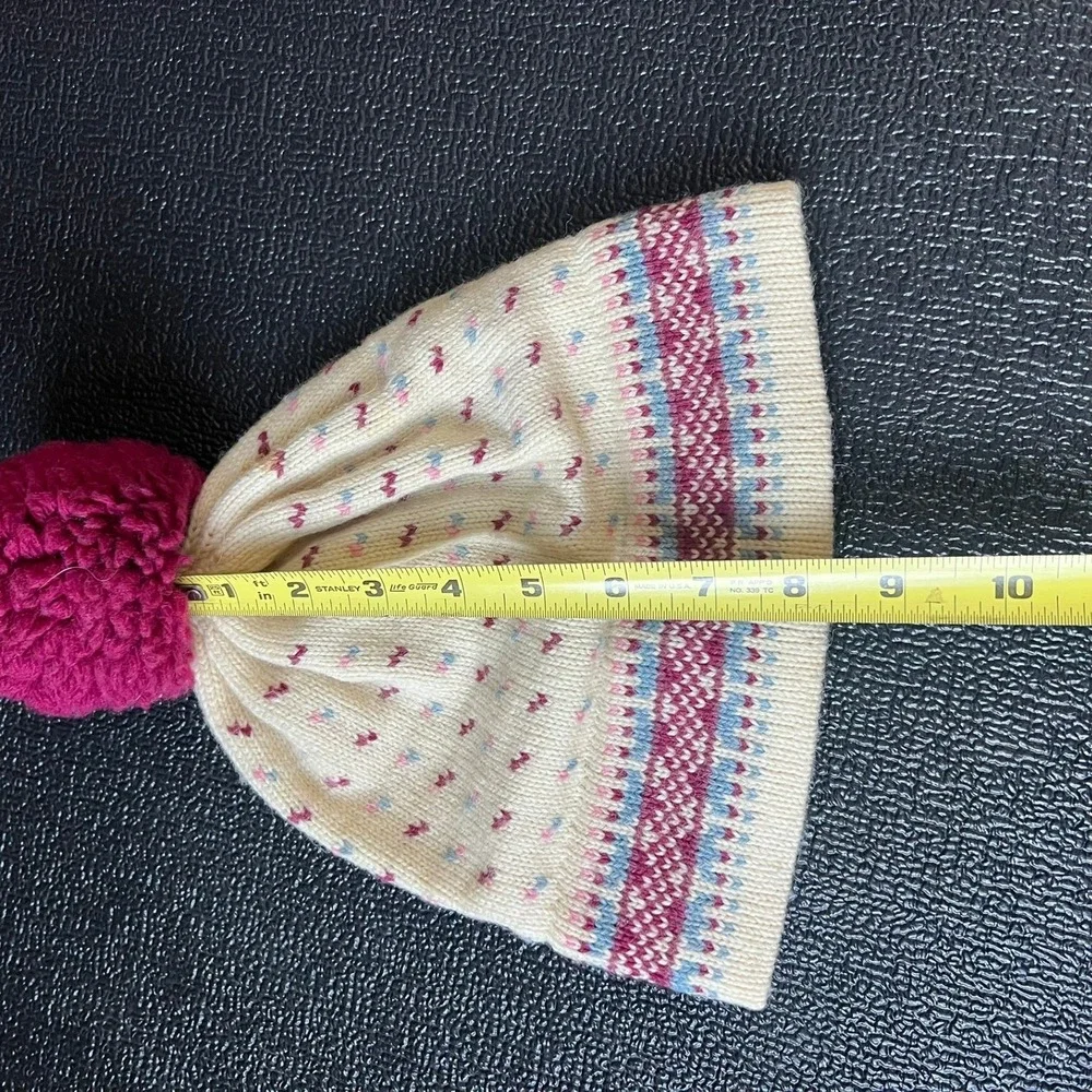 VTG Stowe Woolens Fair Isle Pom Pom Beanie Cream Pink Blue Wool Ski Hat Coquette